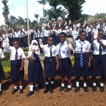 SAG Kit Distribution image showing St. Anne Girls School girls receiving 220 kits in Githunguri, Kenya on Oct 3, 2019