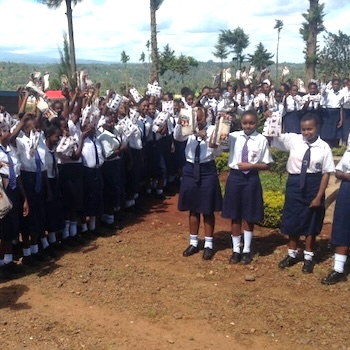 SAG Kit Distribution image showing St. Anne Girls School girls receiving 220 kits in Githunguri, Kenya on Oct 3, 2019