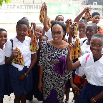 SAG Kit Distribution image showing College Victor Hugo girls receiving 300 kits in Bouaké, Ivory Coast on Oct 11, 2019