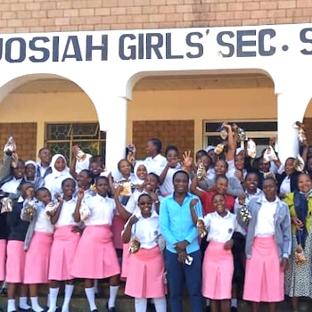 SAG Kit Distribution image showing Josiah Girls School girls receiving 500 kits in Bukoba, Tanzania on Feb 20, 2021