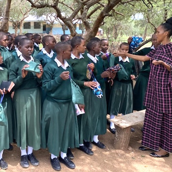 SAG Kit Distribution image showing Terrat Secondary School girls receiving 105 kits in Terrat, Tanzania on May 5, 2023