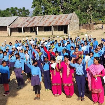 SAG Kit Distribution image showing Janjagriti Secondary School girls receiving 350 kits in Ghorahi 4, Nepal on May 8, 2023