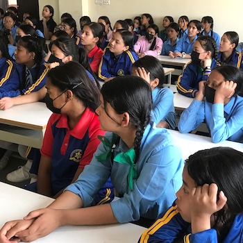 SAG Kit Distribution image showing Geetamata Secondary School girls receiving 200 kits in Swyambhu, Nepal on May 15, 2023