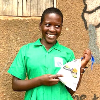 SAG Kit Distribution image showing Kabule CU Primary School girls receiving 66 kits in Kabule, Uganda on Nov 4, 2023