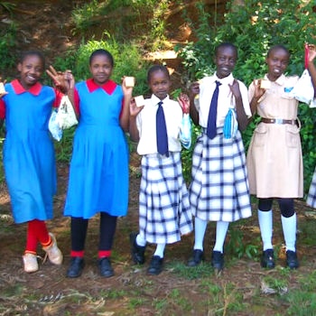 SAG Kit Distribution image showing Kiaguthu Primary School girls receiving 131 kits in Kiria-ini, Kenya on Jan 19, 2024