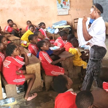 SAG Kit Distribution image showing St. Veronique Primary School girls receiving 80 kits in Mile 14, Cameroon on Feb 2, 2024