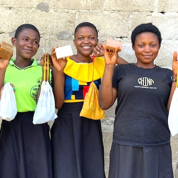 SAG Kit Distribution image showing Presbyterian Secondary School girls receiving 420 kits in Muyuka, Cameroon on May 7, 2025