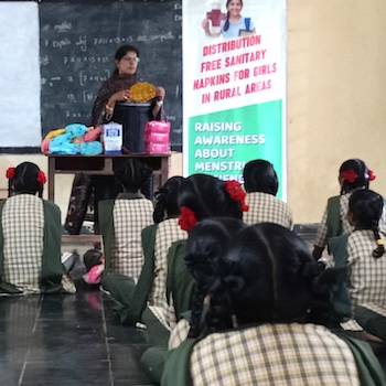 SAG Kit Distribution image showing Sorojini High School (funded by Los Altos Rotary Club) girls receiving 60 kits in Padamara, India on Aug 18, 2025