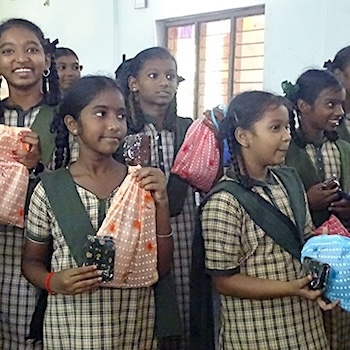 SAG Kit Distribution image showing Vivekananda High School (funded by Los Altos Rotary Club) girls receiving 146 kits in Ramarao Nagar, India on Aug 21, 2025
