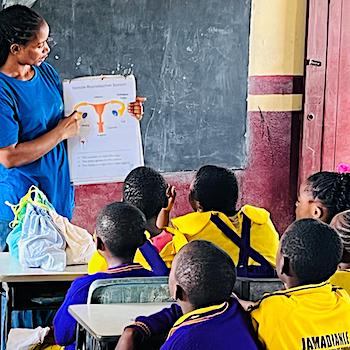 SAG Kit Distribution image showing Jamadianle Primary School girls receiving 133 kits in Bova, Cameroon on Mar 26, 2026
